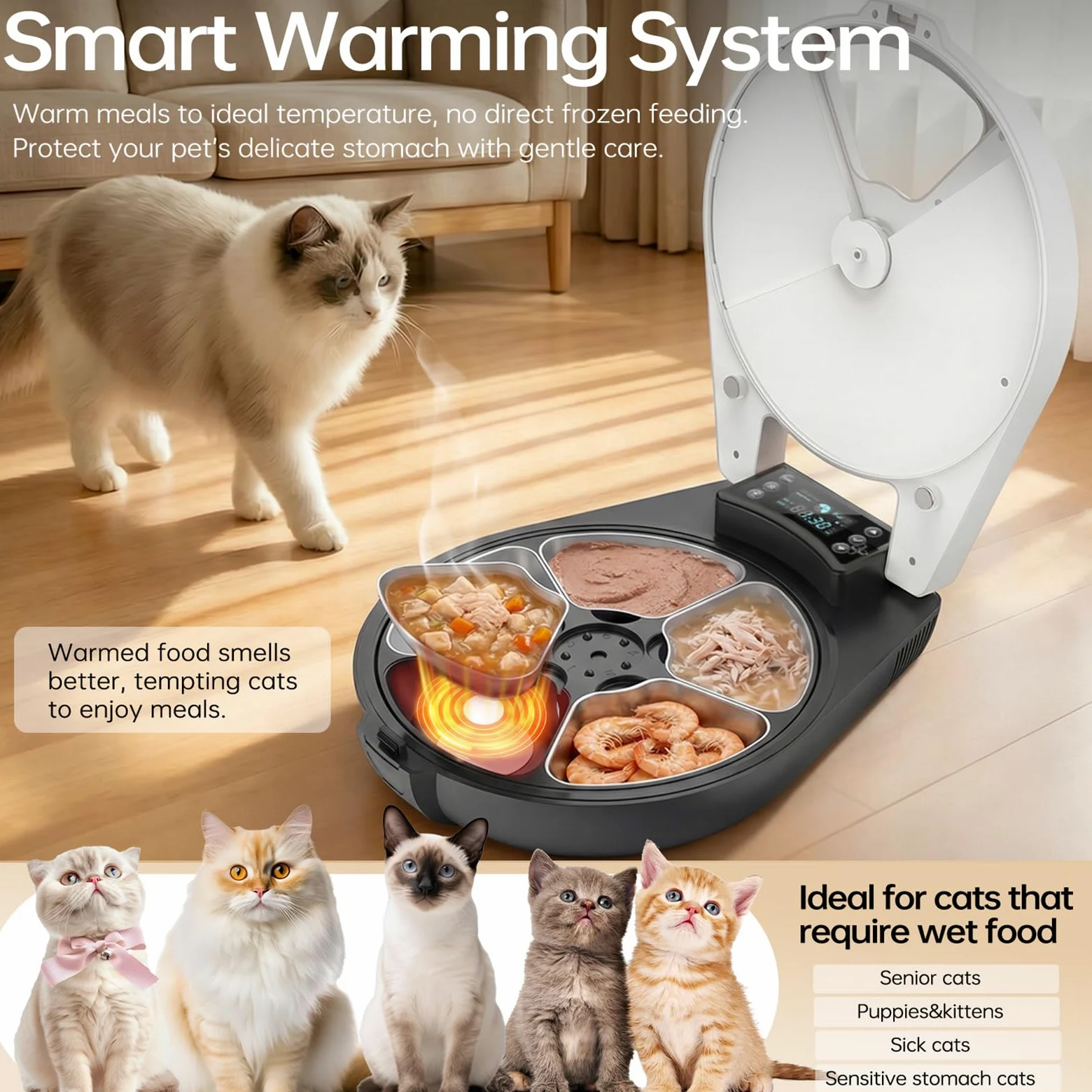 Comedero Gato Automatico Comida Humeda, 5 Comidas Frescas para 3 DíAs, Sistema De Refrigeración Y Calefacción por Semiconductores, Recipiente de Acero Inoxidable 304, Dispensador Programable Gatos