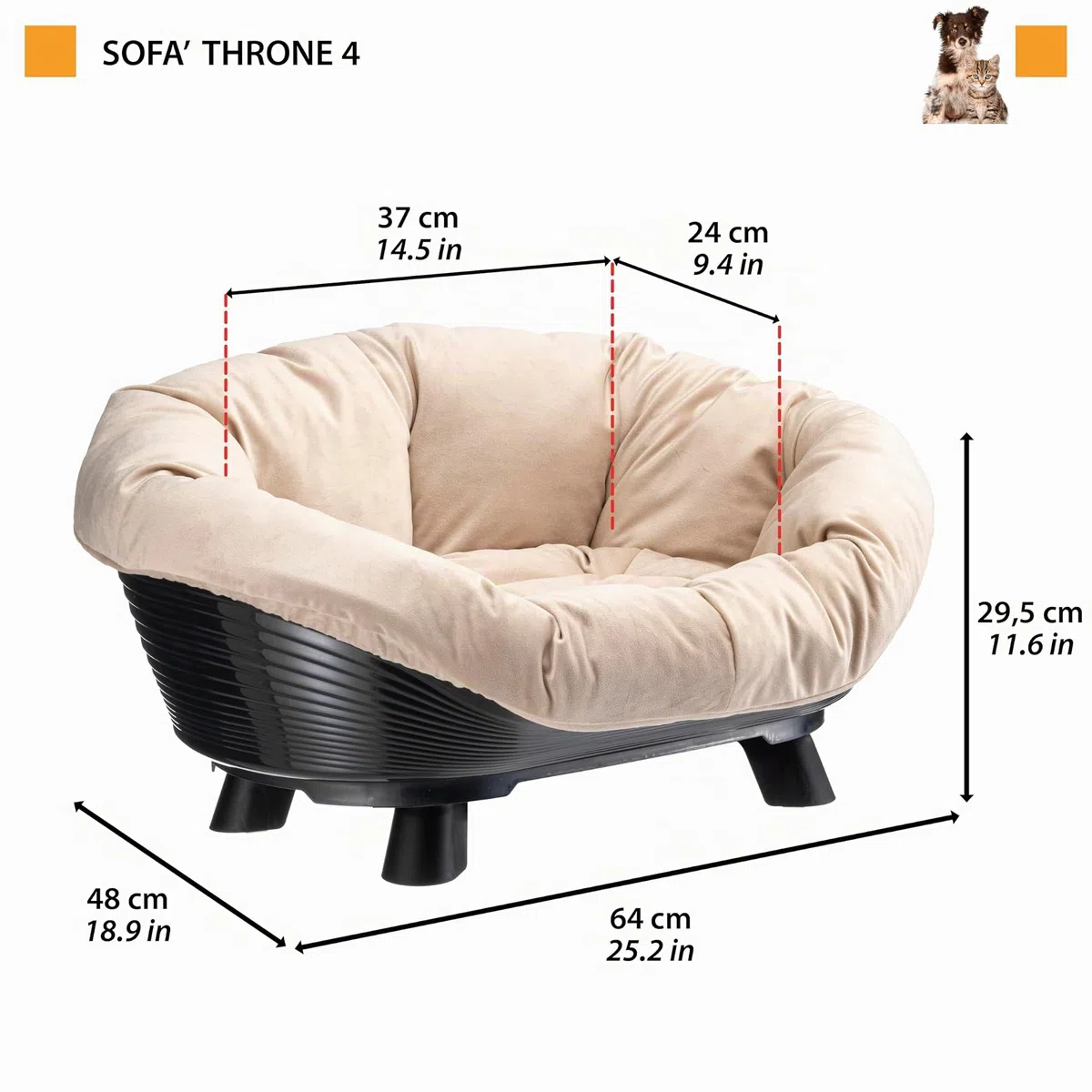 Ferplast Cama Perro y Gato con Cojin, Cama Gatos y Perro Lavable, Cama Elevada Perros Pequeños, Cesta Transpirable y Antideslizante, Sofa' Throne 64 x 48 x h 29,5 cm, Blanco