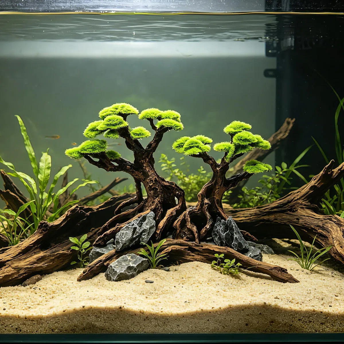 Decoración de resina de árbol de musgo de acuario para pecera, adorno de árbol bonsái artificial para paisajismo, decoración de pecera con área de descanso escondida para camarones betta