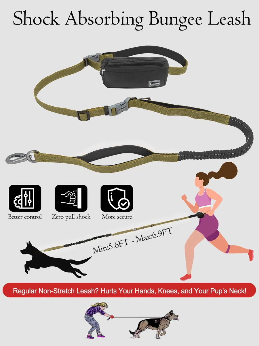 Correa para perro manos libres con bolsa con cremallera y cinturón de cintura, correa elástica reflectante duradera con asas acolchadas dobles para caminar, trotar y correr, se adapta a perros