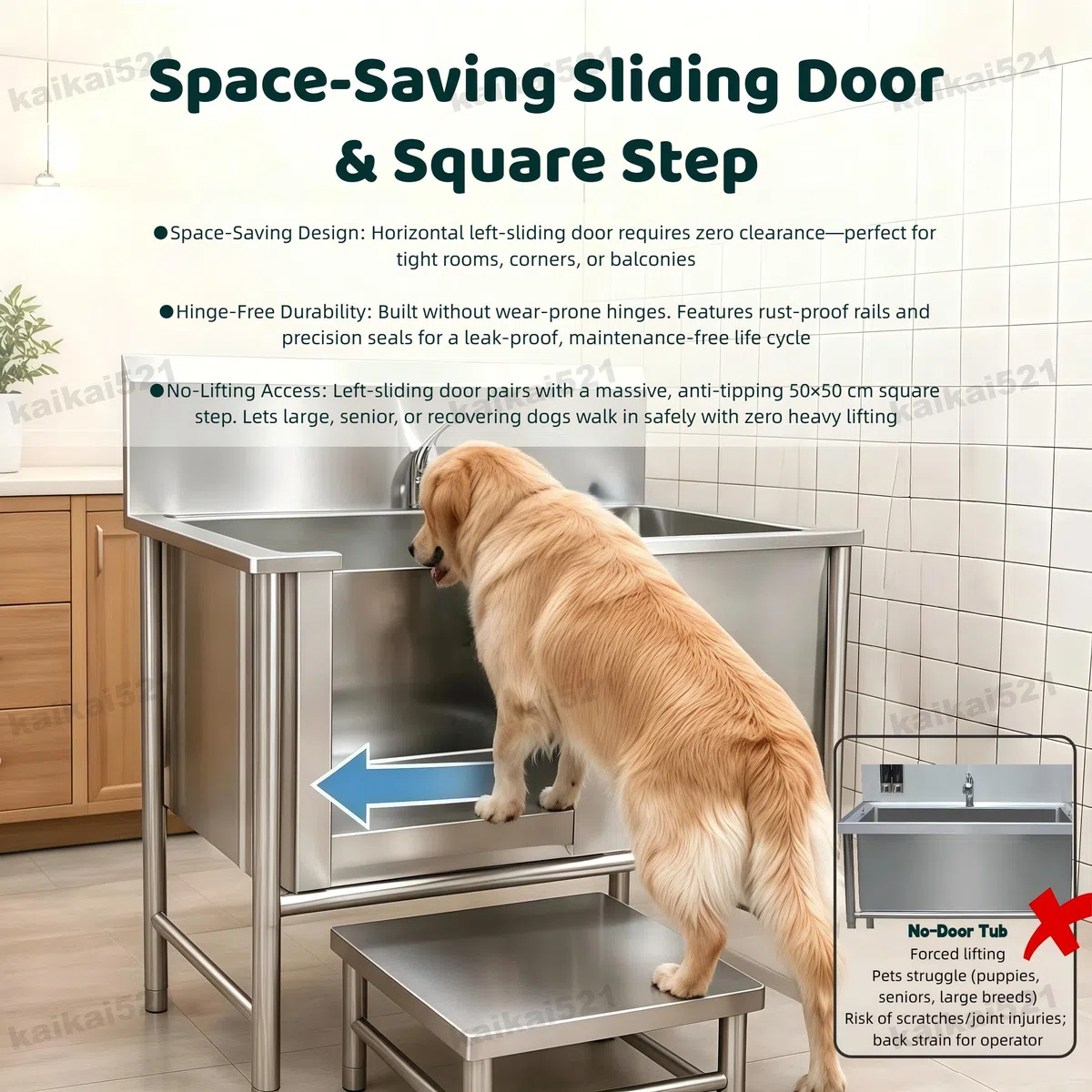 Bañera Acero Inoxidable Profesional para Perros Grandes 100 kg (120cm) | Estación De Baño Profesional Acero Inoxidable Para Perros,Bañera Peluquería Canina Longitud Mascota Alfombra Antideslizante