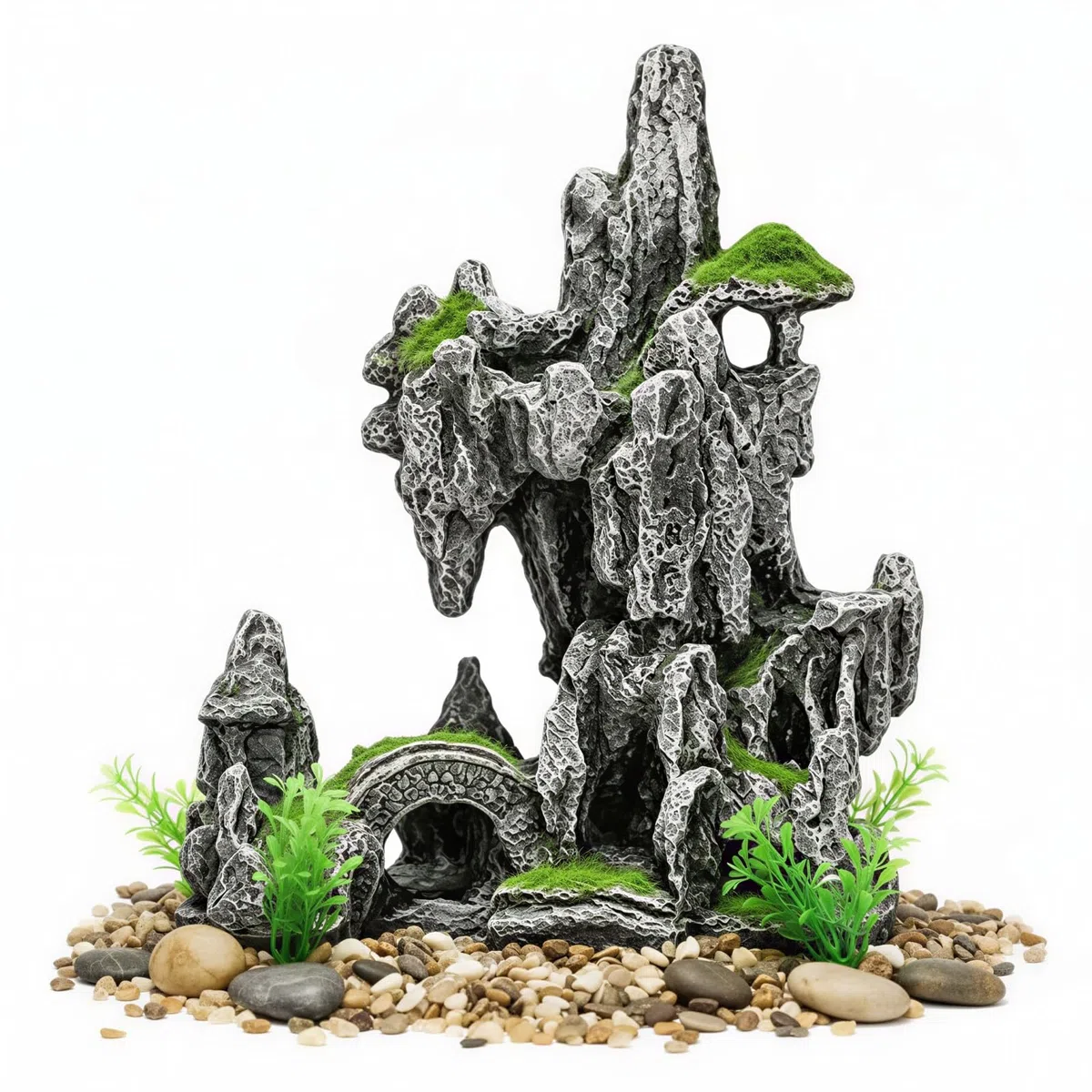 Decoración grande de montaña para acuario, cueva escondida de paisaje rocoso, 6.7 x 3.9 x 8.3 pulgadas, adorno de pecera de roca con musgo simulado, realzador del ecosistema para betta