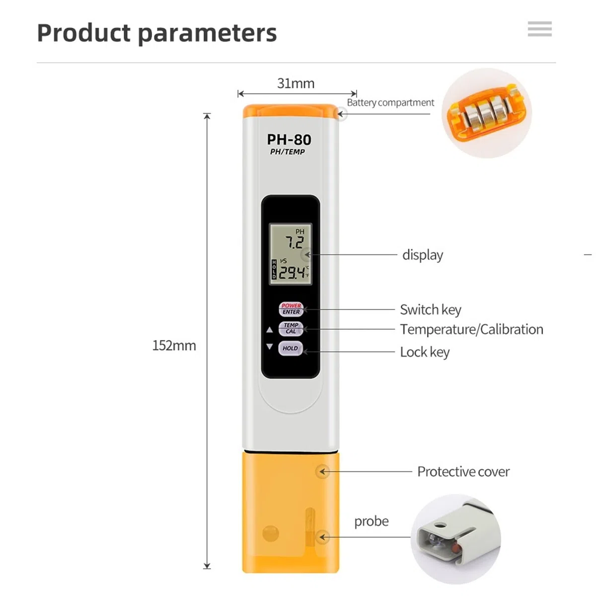 BASSFLY Probador de Agua, Medidor Digital de Temperatura y pH PH-80 con función calibración automática, comprobador Calidad del Agua, Resistente al Acuario, Piscina