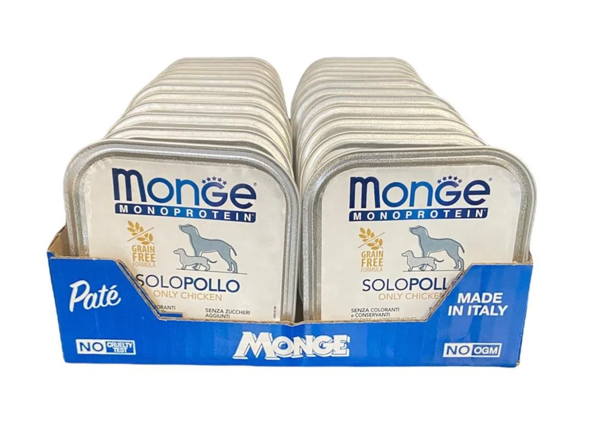 Monge Monoprotein - Pienso para Perros Mascotas, Comida Húmeda Solo Pollo, Naturalmente sin Colorantes, Conservantes ni Azúcares Añadidos. Paquete de 24 Bandejas (1 = 150 g)