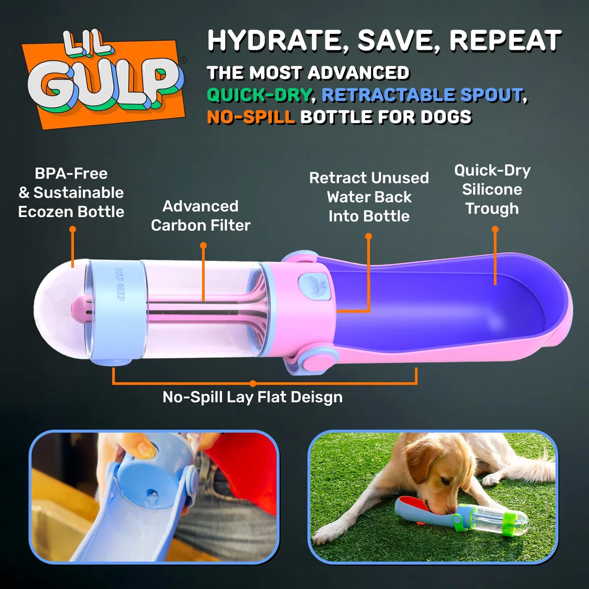 Little Chonk Botella de agua para perros, filtración avanzada de carbono para agua filtrada segura sobre la marcha, botella de agua portátil a prueba de fugas sin BPA con boquilla de agua retráctil,