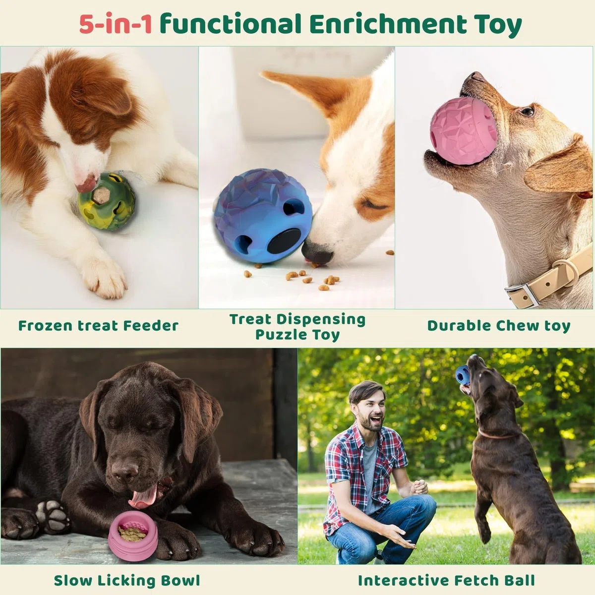 Juguete de enriquecimiento para perros 5 en 1: bola congelada para mordeduras y cepillos, juguete interactivo para masticadores agresivos grandes (25-85 libras), hueso congelable para perros