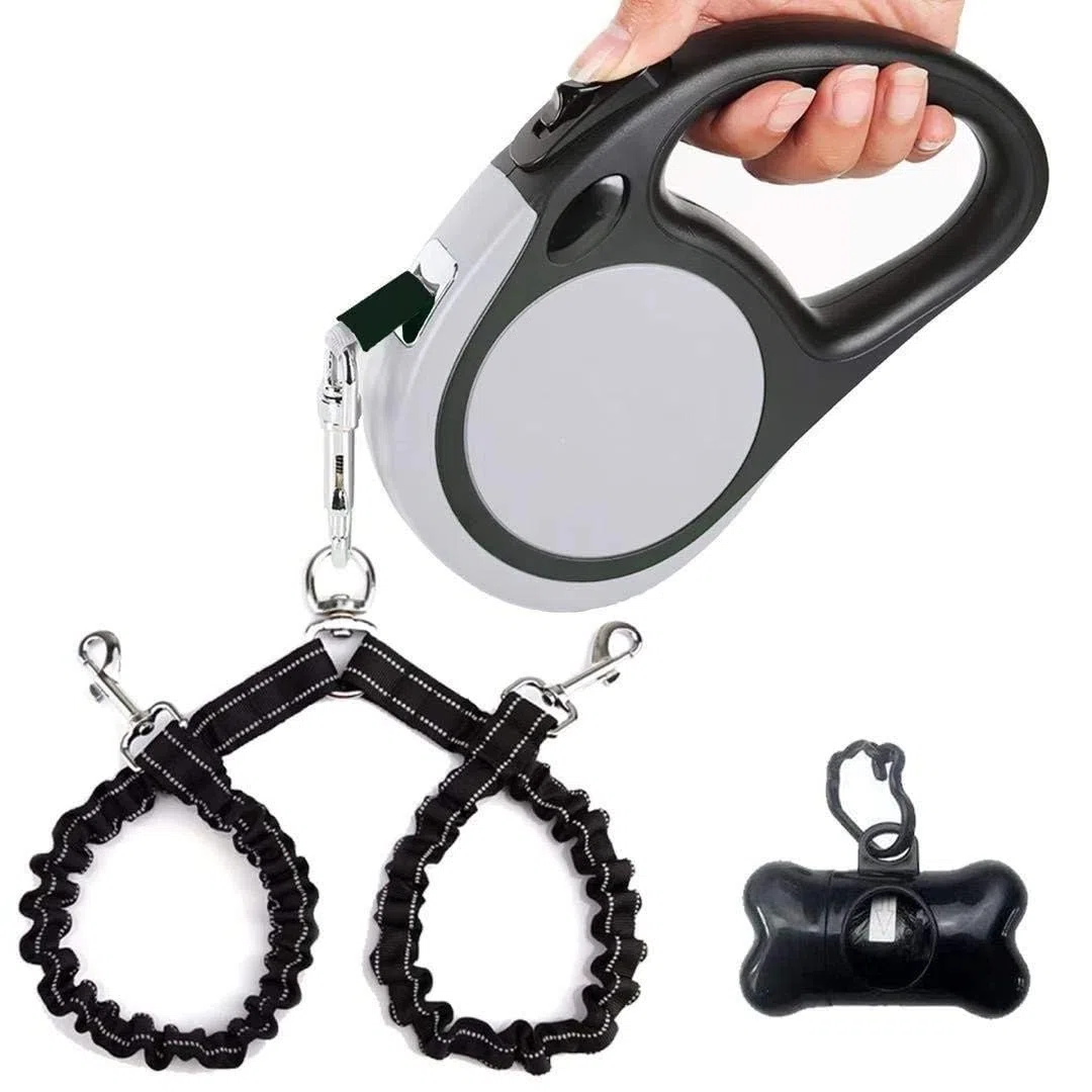 Correa de perro retráctil doble para 2 perros grandes (hasta 110 libras cada uno) - Zodiaco extensible de doble cabeza de 4,9 m con bolsas de caca, agarre antideslizante - un botón de rotura y bloqueo