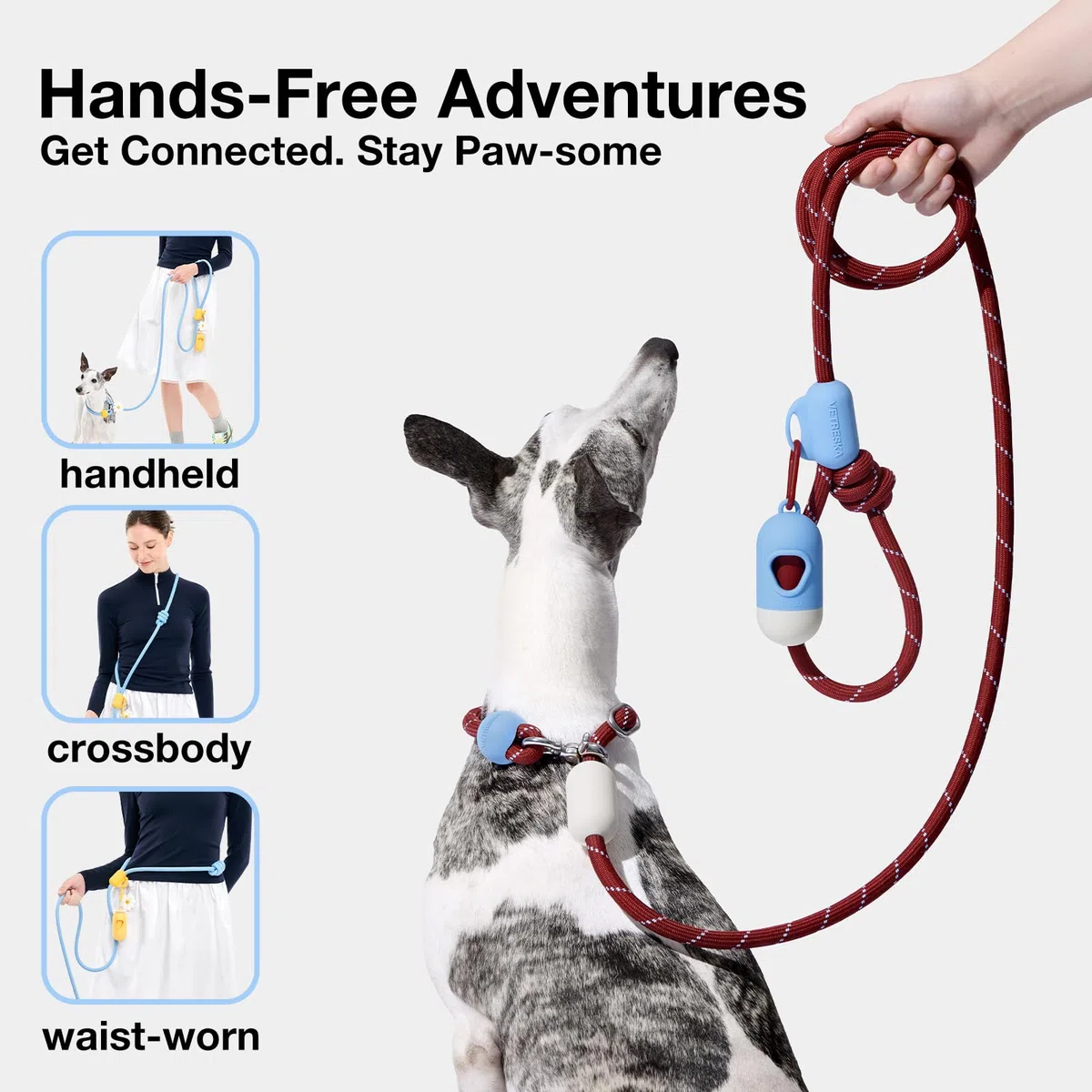 VETRESKA Correa de perro manos libres, correa de cuerda de 8 pies para perros medianos y grandes, correas de correa deslizante para cintura/correa cruzada para caminar, correas de perro sin tirones