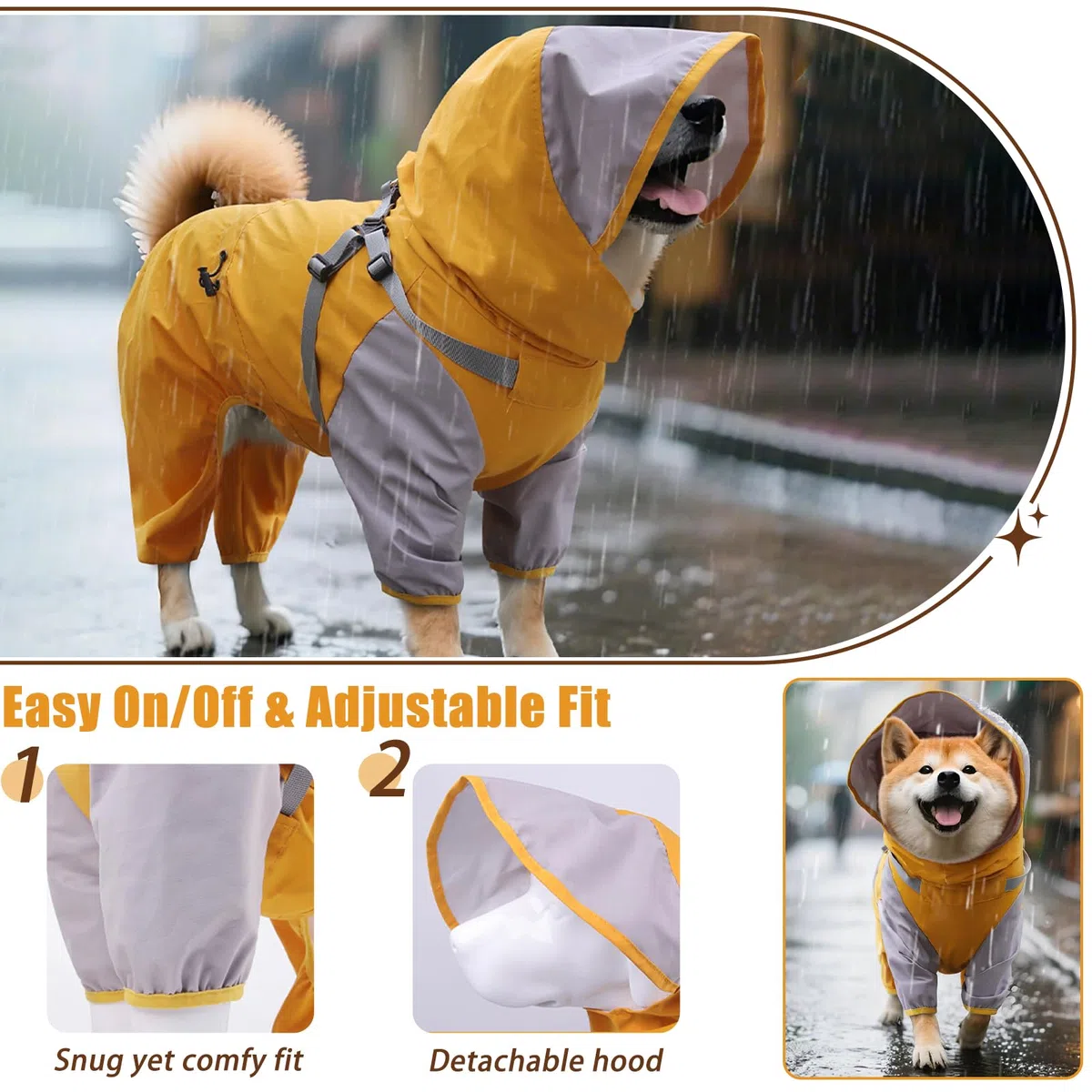 Impermeable para perro, chaqueta impermeable para perro con capucha desmontable y hebillas elásticas ajustables, ligera y vívida, chaqueta impermeable para mascotas de 4 patas con malla