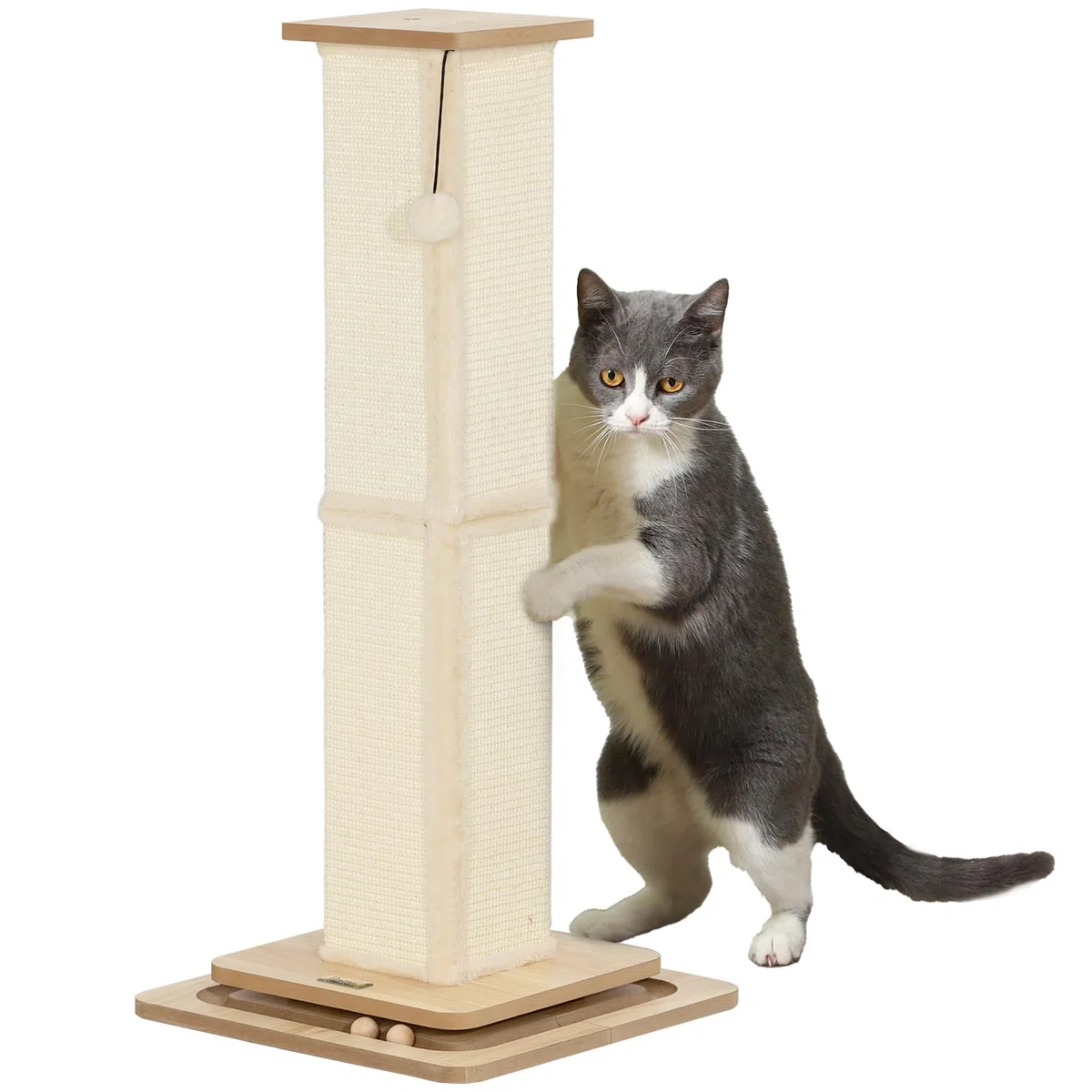 PawHut Poste Rascador para Gatos 87 cm con Bola Colgante y Sisal Roble | Rascador para Gatos, Arañador, Juguete de Pelota de Pista