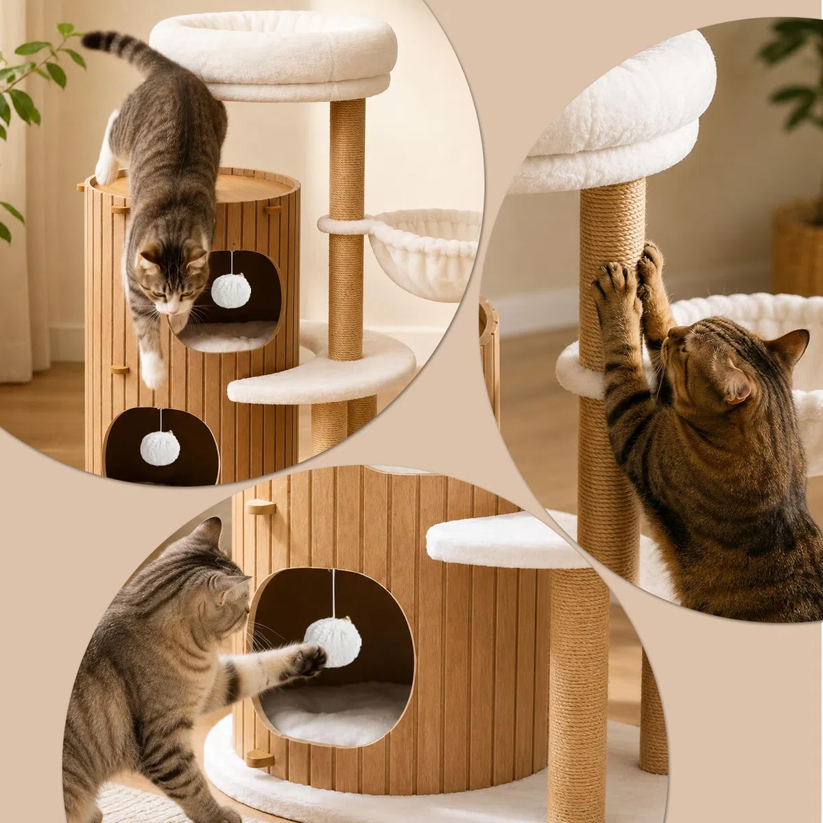 Árbol rascador de alta calidad con 2 barriles para gatos, árbol para gatos y plataformas grandes | Troncos de sisal, rampa rascadora, casa de gatos, bolas de peluche y cepillo para gatos grandes