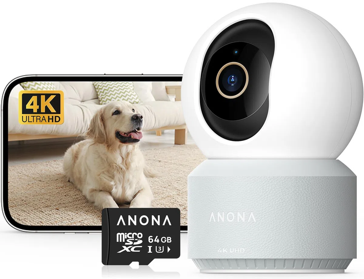 Anona Cámara 4K UHD para interiores con tarjeta SD de 64 GB, cámara de seguridad para mascotas/perros/bebés con aplicación de teléfono, giro panorámico de 360°, Wi-Fi 6 de 2.4G/5G, seguimiento