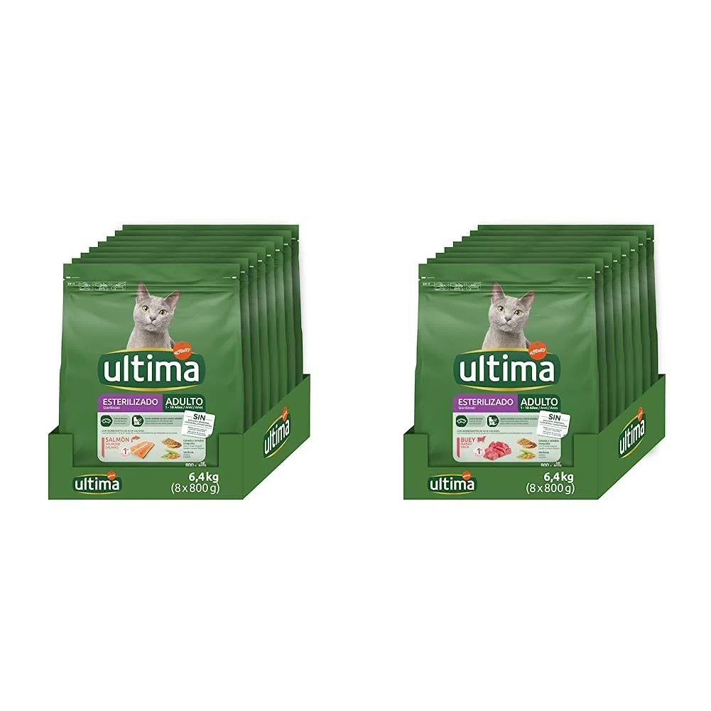 ultima Pienso para Gatos Esterilizados Adultos con Salmón, Pack de 8 x 800 gr - Total: 6.4k g & Pienso para Gatos Esterilizados Adultos con Buey, Pack de 8 x 800g - Total: 6.4kg