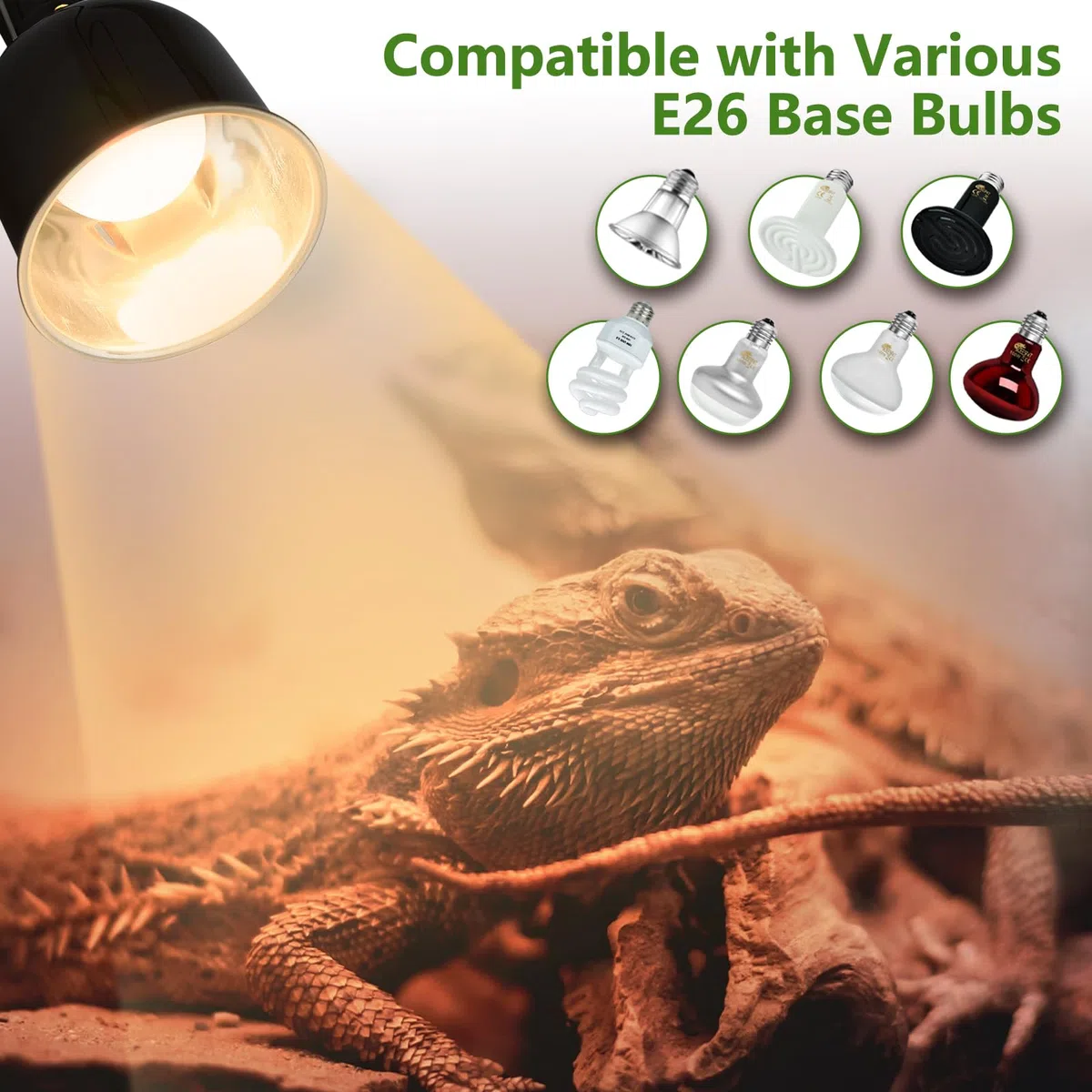 Lámpara de reptil de 14 cm de profundidad con interruptor, cubierta reflectante óptica para bombillas UVB/UVA y emisores de calor de cerámica