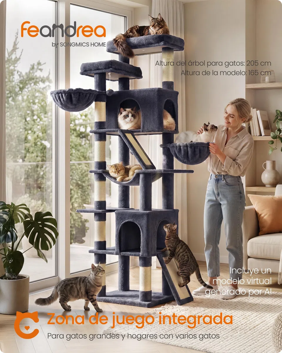 Feandrea Árbol para Gatos XXL, Torre con Postes de Sisal, Rascador para Varios Gatos Grandes, 7 Áreas de Descanso, 55 x 45 x 205 cm, Gris Oscuro, Colección Clawfy PCT021G201
