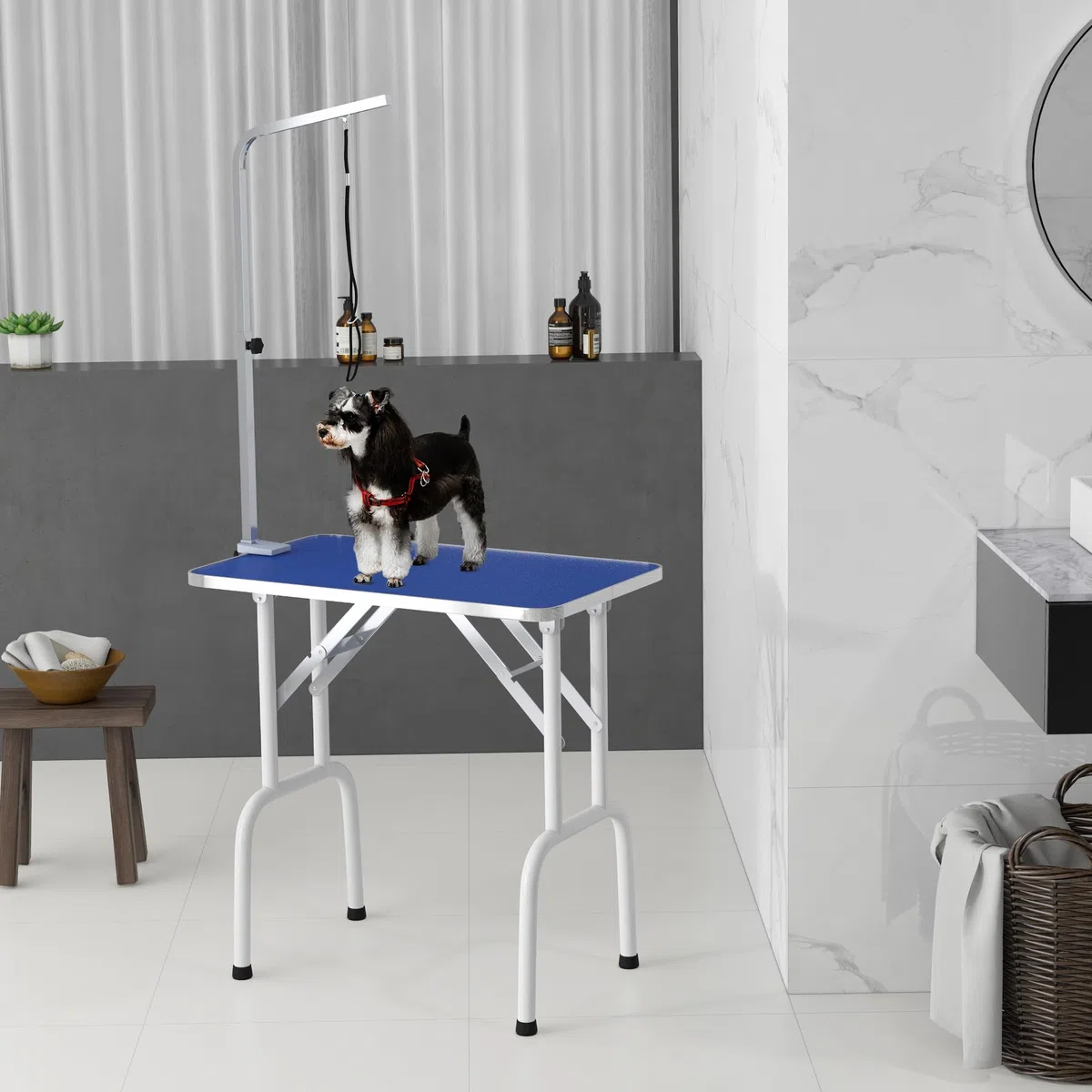 PawHut Mesa de Peluquería Canina Plegable, Mesa de Aseo con Encimera Antideslizante, Brazo de Acero Inoxidable Ajustable, para Perros, Gatos, 81x48,5x80 cm, Azul