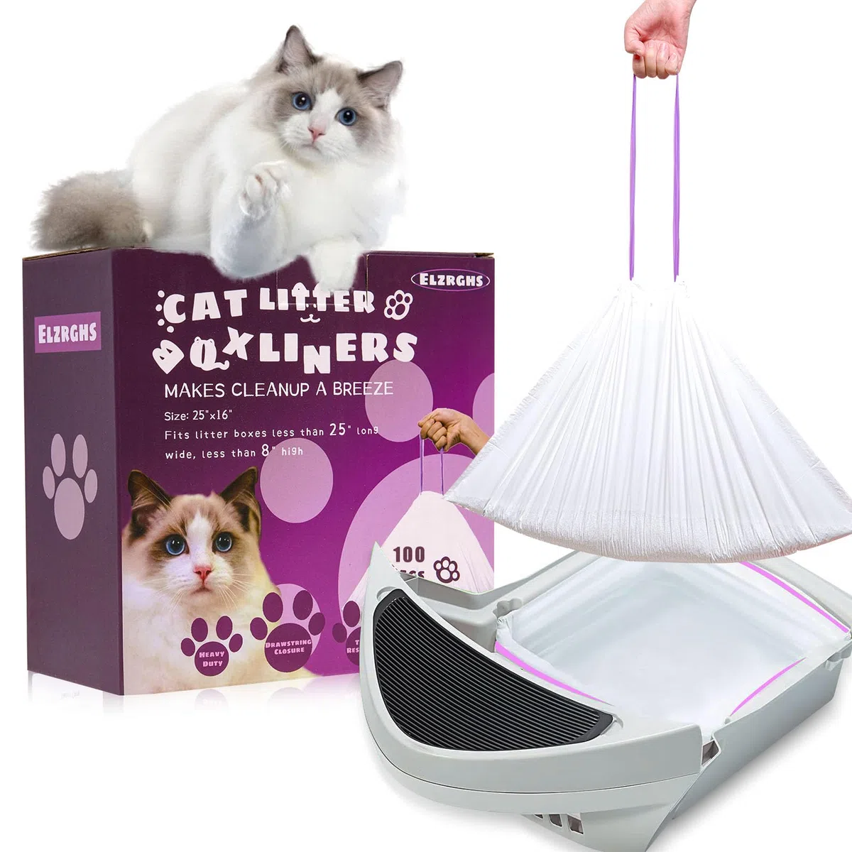 Elzrghs Paquete de 100 bolsas de basura con cordón para gatos compatibles con Litter-Robot 3/4, bolsas de basura resistentes para autolimpieza automática de caja de arena