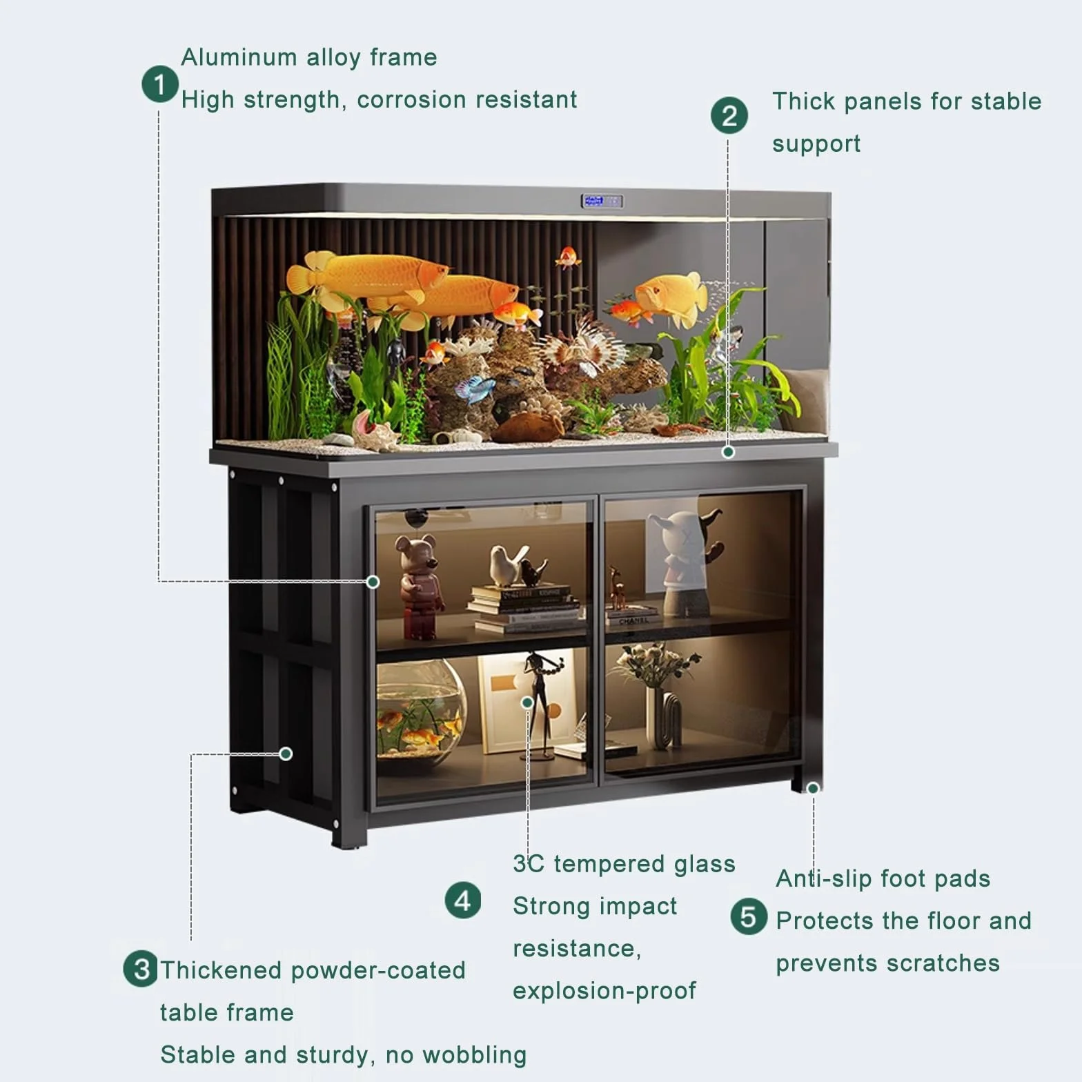 Moderno soporte para acuario con iluminación LED y puertas de cristal, gabinete resistente para peceras grandes y pequeñas, capacidad de 500 libras (blanco, 60 x 40 x 70 cm)