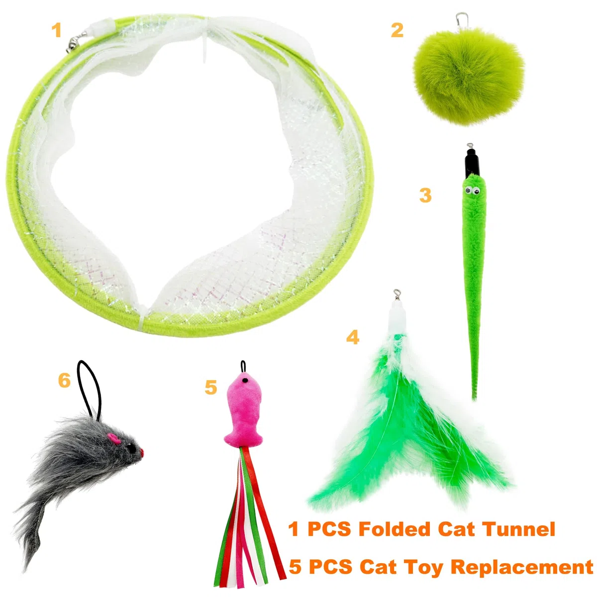 Túnel Plegable para Gatos, Juguete Plegable para Gatos con Pluma de Gato, Gusano, pez, ratón, Juguetes, recargas, Juguete Interactivo de Plumas para Gatos, túneles para Gatos de Interior (Verde)