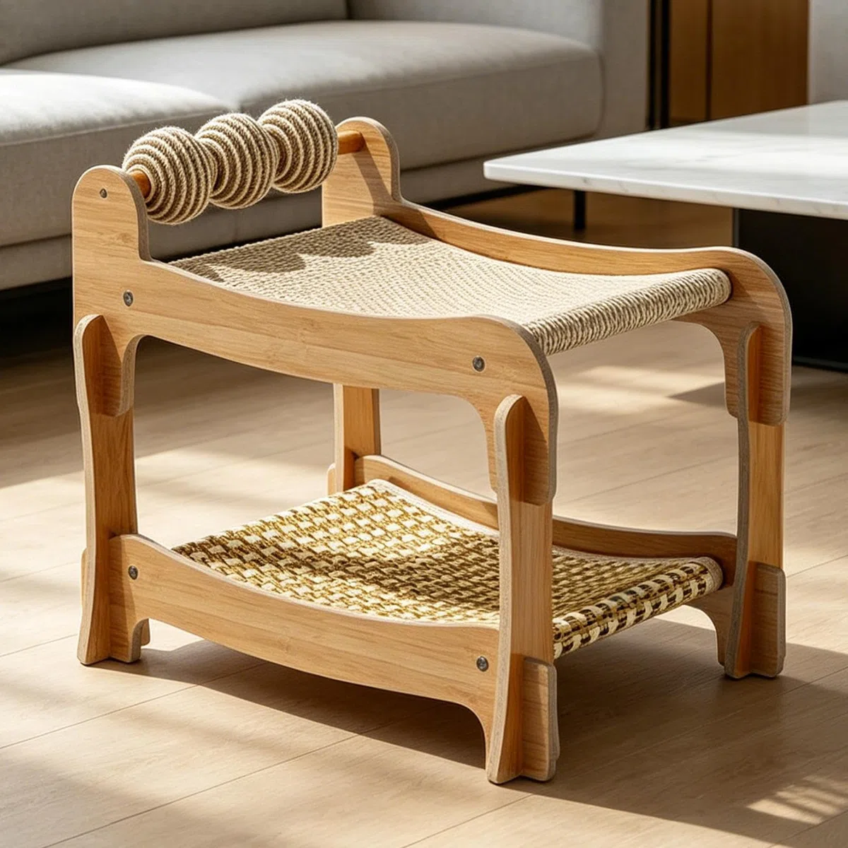 Cama Elevada para Gatos 2 Capas Elevado, Transpirable, Madera y Lavable | Rascador Cama Litera para Mascotas Felinas En Hogar, Dormitorio, Apartamento, Habitación, Salón, Residencia, Piso, Cuarto,