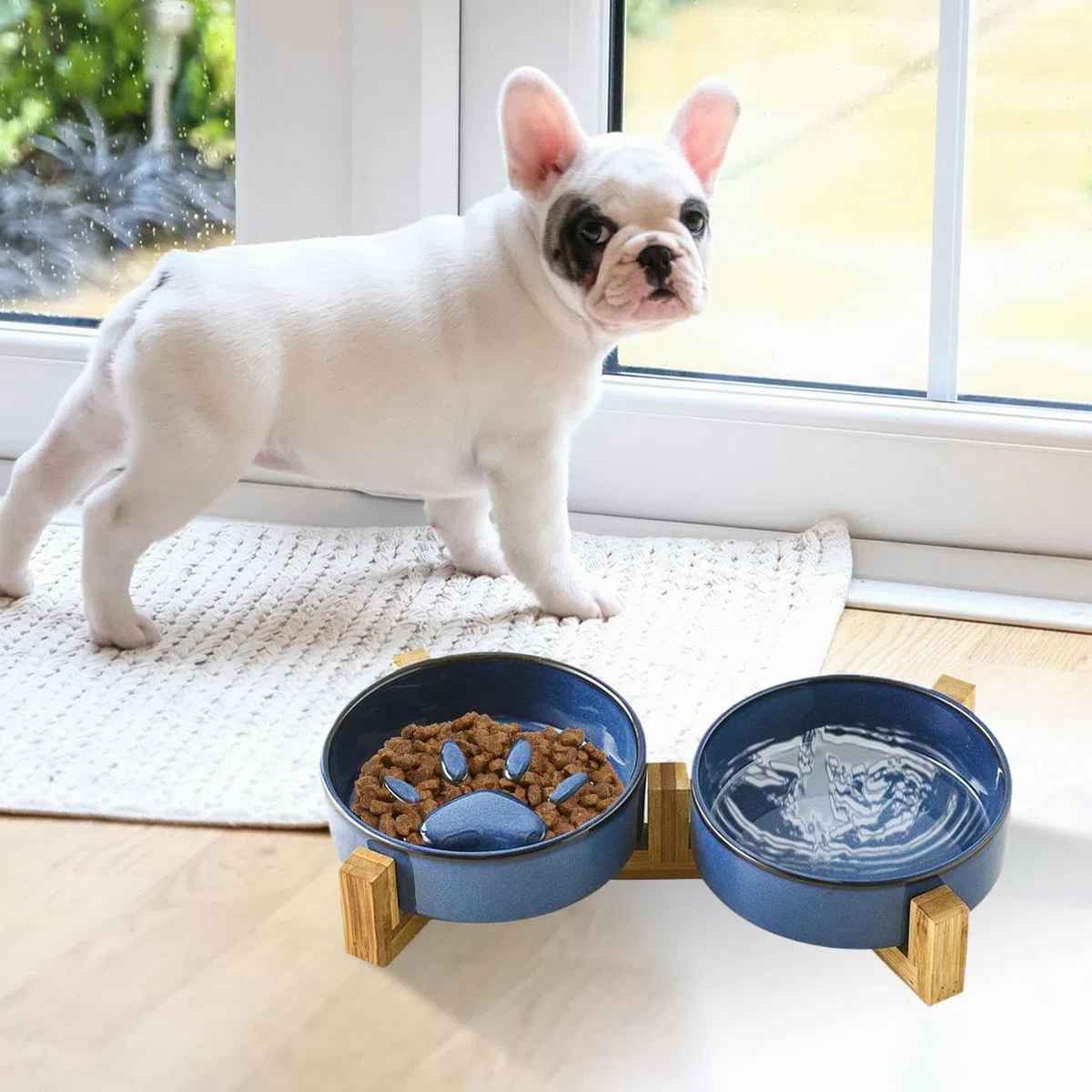 Bol Lento Canino Elevado para Cachorros y Perros Medianos | Soporte Cuencos Perros Cerámica Antideslizante Huella Mono Estación Alimentación Mascotas Accesorios Plato Camping Coche