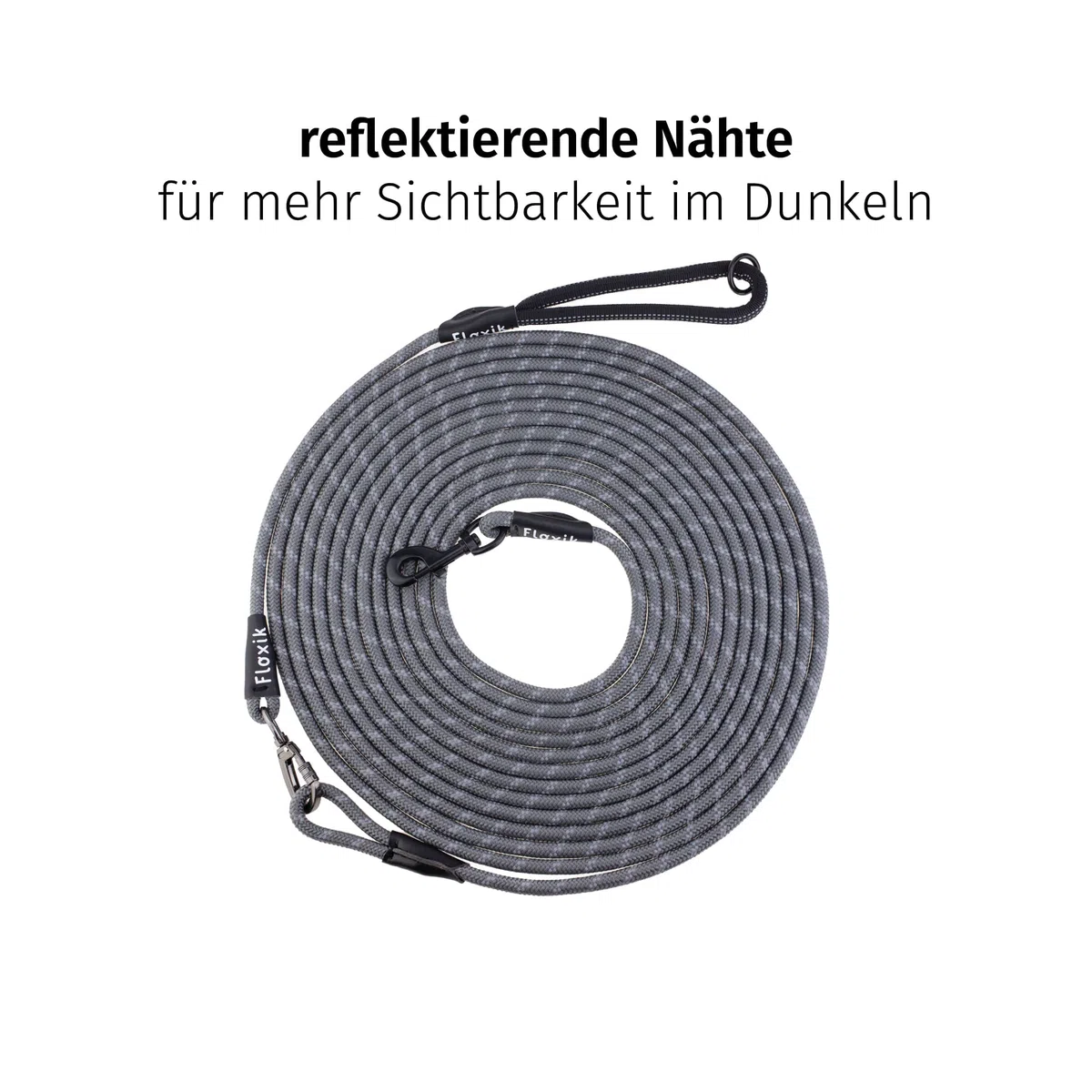 Floxik Correa de arrastre para perros | 5 m, 10 m, 15 m, 20 m gris, correa reflectante con correa de mano extraíble, también ideal como correa de entrenamiento para cachorros
