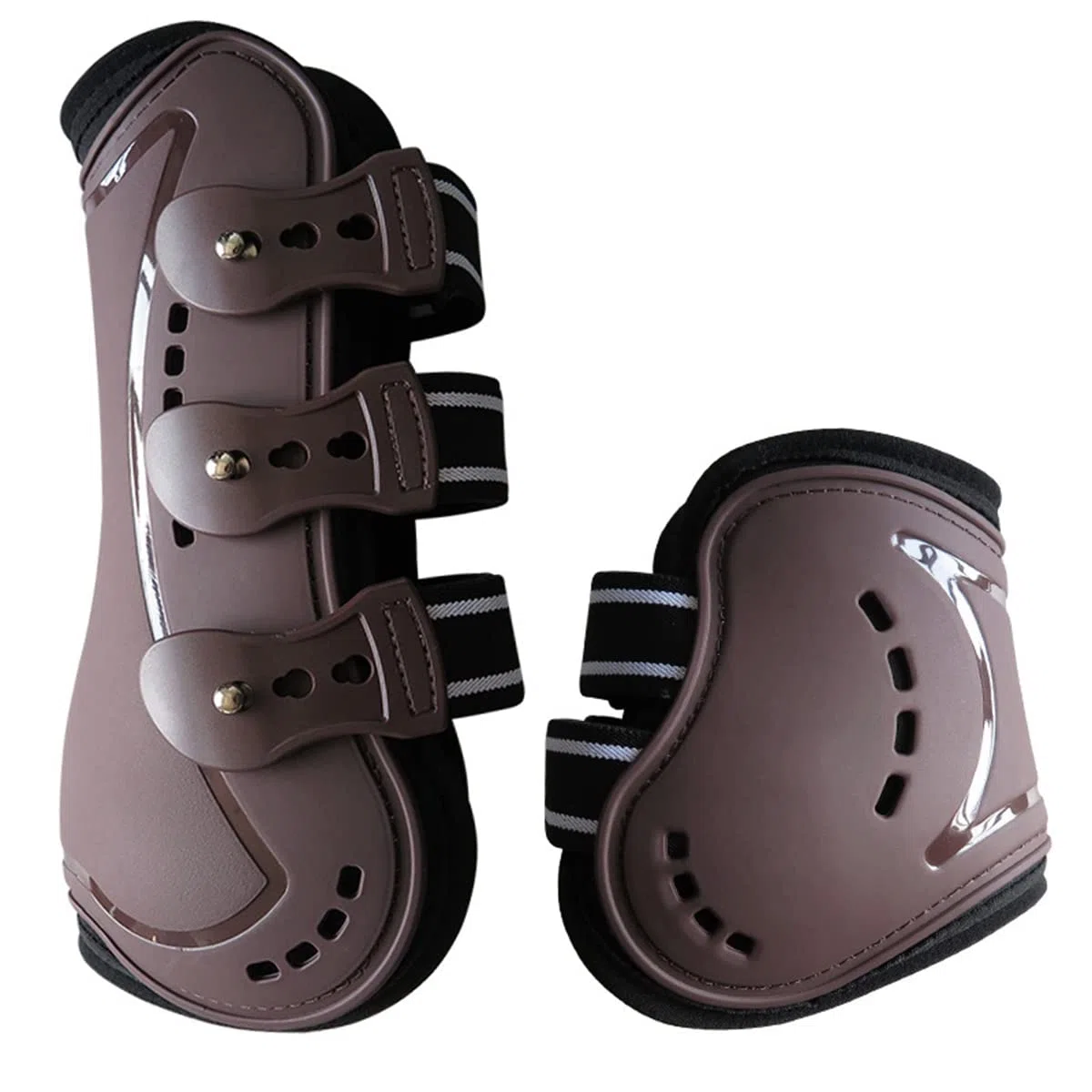 Botas de caballo con frente abierto, botas deportivas con tendón de salto trasero, protección segura para las piernas, suministros clásicos equinos, juego de 4 (marrón, L)