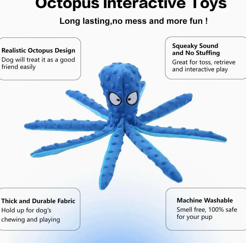 Juguete para Perro USB Squeak Octopus-Juguete para Perro de Peluche Plisado sin Relleno, Juguete para Cachorros, Perros pequeños, medianos y Grandes (4 Colores)-Blue