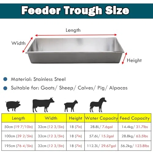 Comedero de acero inoxidable para ganado, gran capacidad para cerdos, alpacas, terneros, caballos, animales esenciales