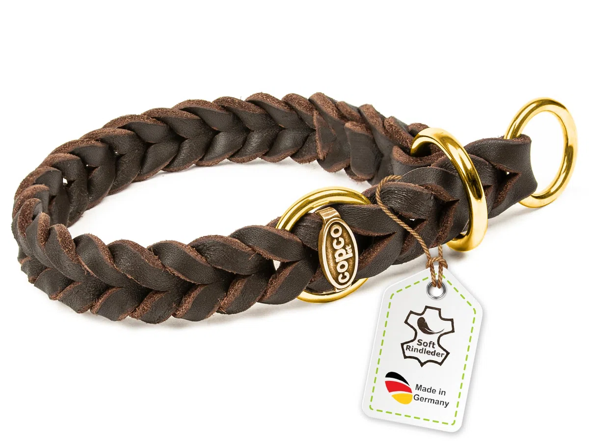 copcopet – Grasa Collar de piel trenzada con tren Stop de anillo – Cromado y latón