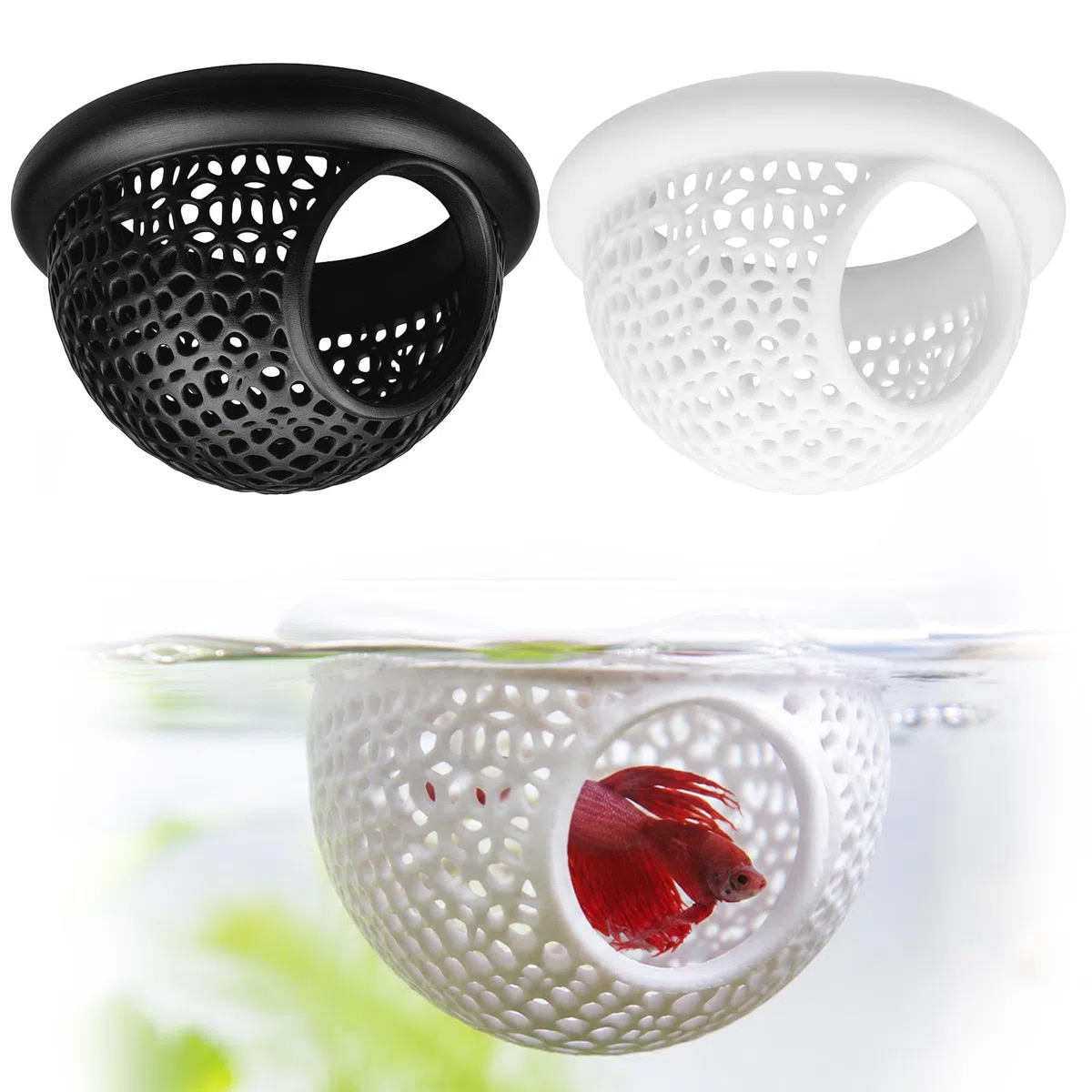 Paquete de 2 hamacas flotantes Betta, cueva escondite Betta impresa en 3D con anillo de alimentación, decoración multifuncional para acuarios, accesorios para peceras, refugio de descanso para peces