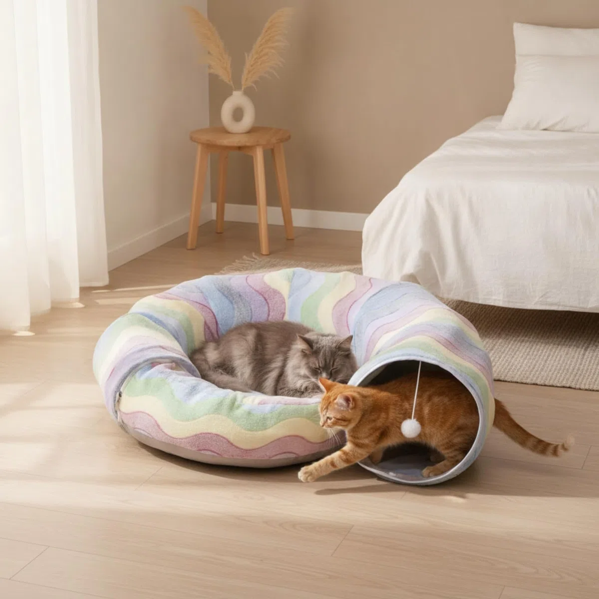 Conducto Peluche Acolchado Conducto Plegable Transpirable Juguete para s, Interiores, Túnel De Gato De Doble Capa con Diseño De Caracol De Rayas Arcoíris, Plegable para Juegos Interactivos