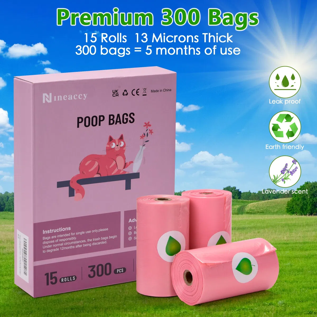 WDFAACK Bolsas biodegradables para caca de perro, color rosa, aroma a lavanda con dispensador, 300 bolsas grandes para excrementos, extra gruesas, fuertes, mezcladas con almidón de maíz, compostables,