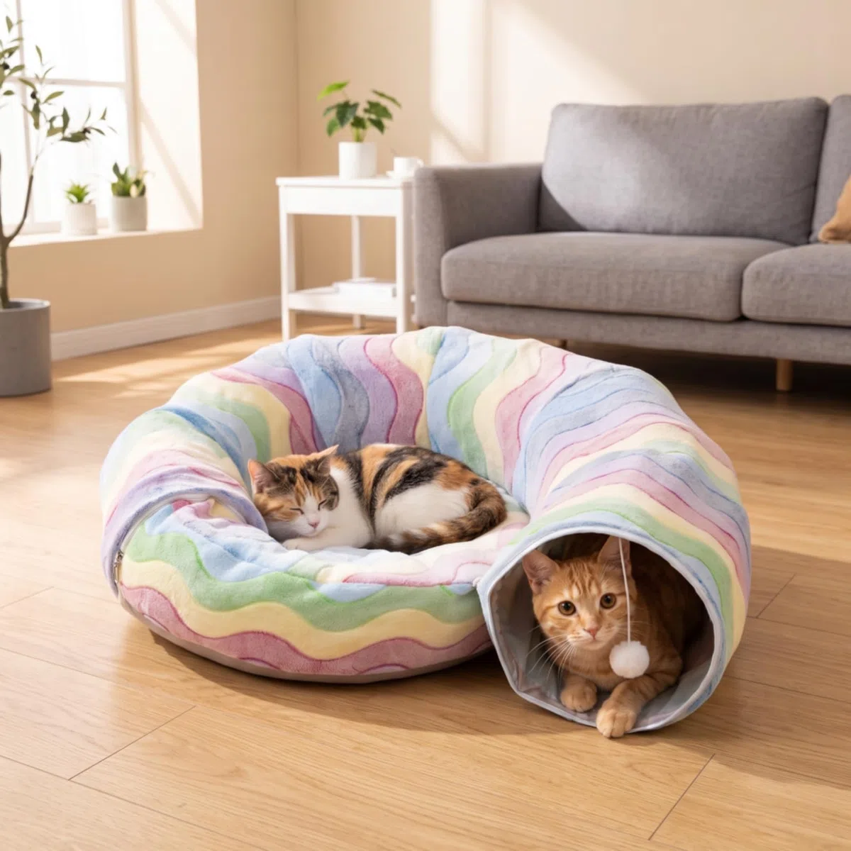 Conducto Peluche Acolchado Conducto Plegable Transpirable Juguete para s, Interiores, Túnel De Gato De Doble Capa con Diseño De Caracol De Rayas Arcoíris, Plegable para Juegos Interactivos