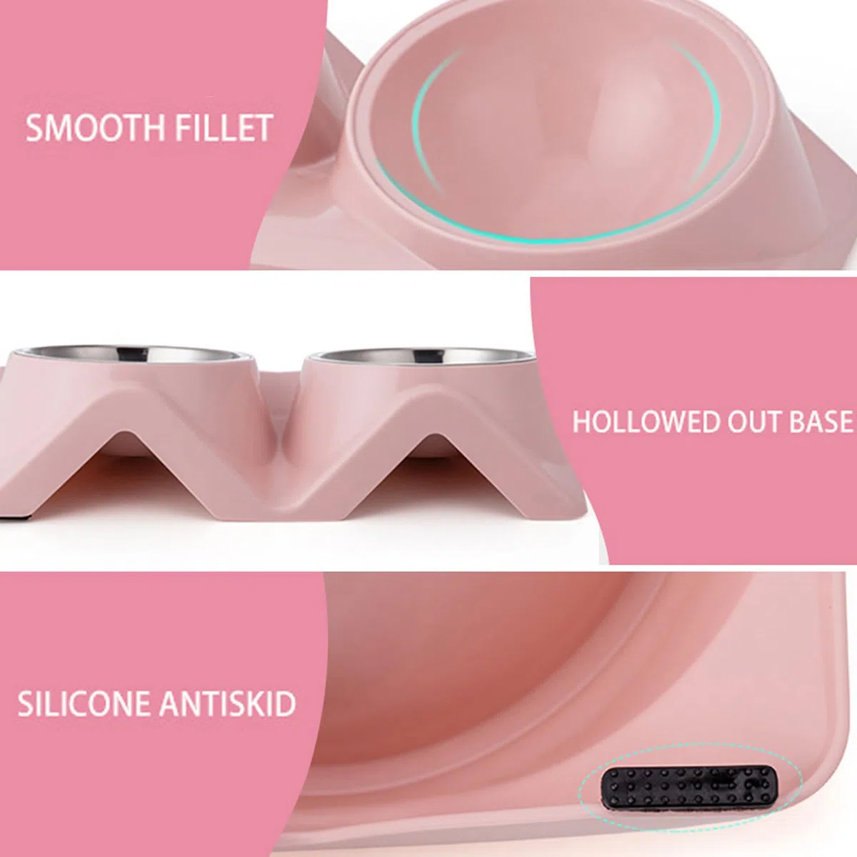 Comedero Doble for Mascotas con Base elevada, Antideslizante, Inclinado a 15 Grados, for Comida y Agua, Color Rosa