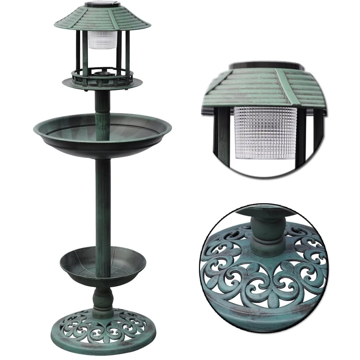 Bañera para pájaros, decorativa con luz solar, 39x39x97 cm, plástico resistente, bebedero para aves, ideal para jardín, balcón o patio
