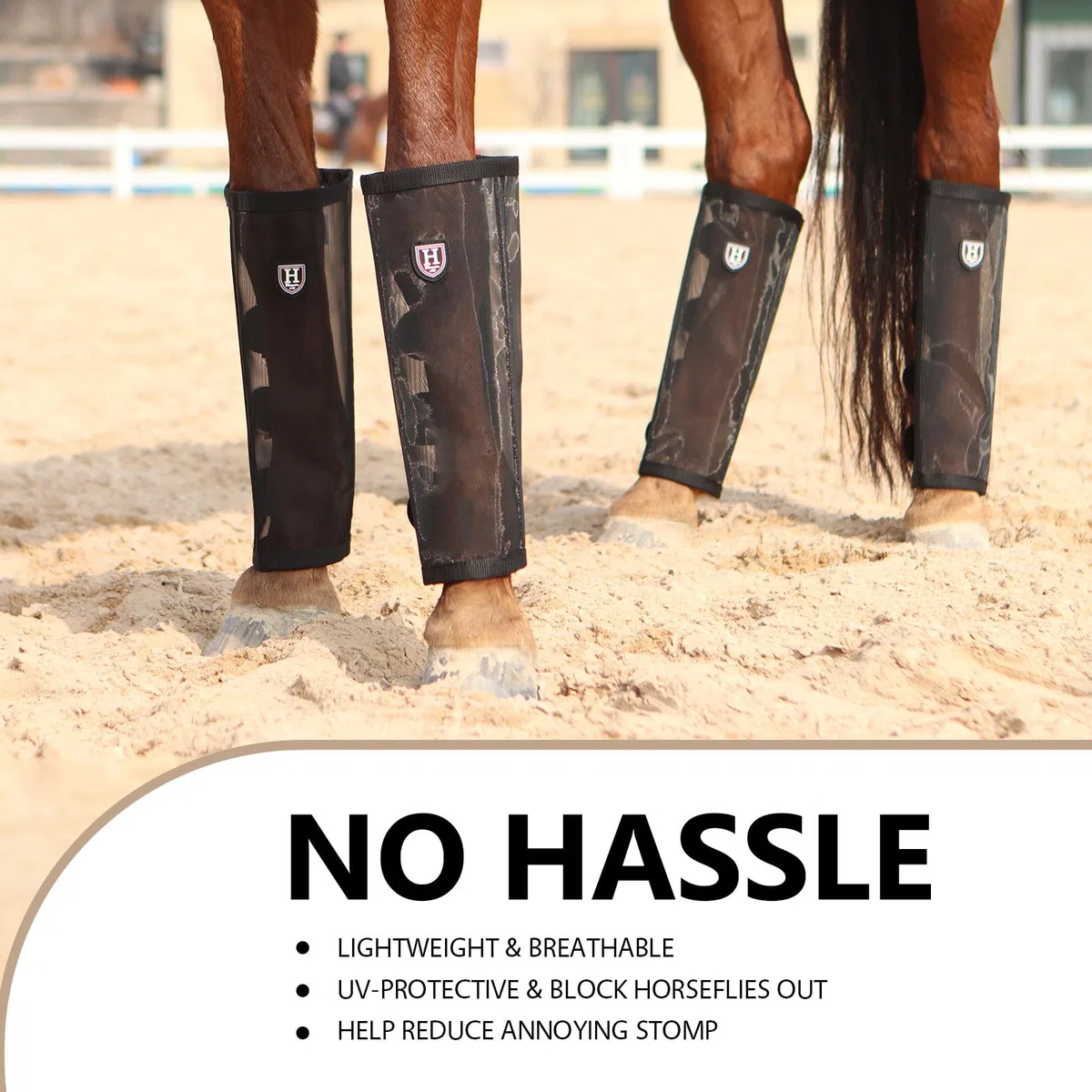 Harrison Howard Leggings Holgados con Mosca de Caballo, Transpirables, Resistentes al desgarro, Protectores de Pierna de Malla Fina, Botas cómodas (Juego de 4), Color Negro, Talla L