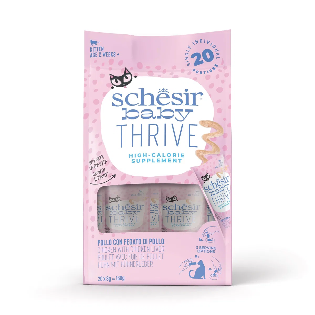 Schesir Baby Thrive, Gusto de Pollo, Comida Humeda para gattos (20 sobre x 8g)