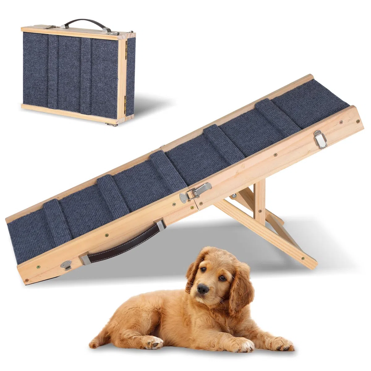 Rampa para perros y gatos, 4 alturas, 19,5-41 cm | Cama de madera de pino, sofá con doble cierre, antideslizante, plegable, 5 travesaños, 25 kg, gatos pequeños