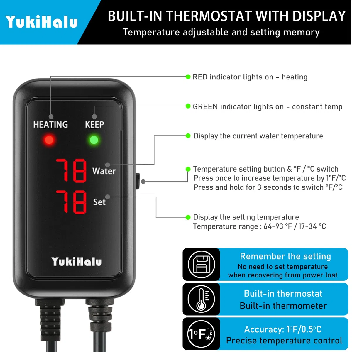 YukiHalu Calentador de acuario de 50/100/200/300/500 W con funda protectora, calentador de pecera, temperatura ajustable, controlador de temperatura externo, pantalla LED, utilizado para 300 W