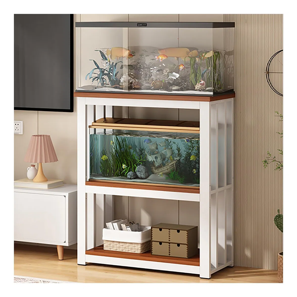 Soporte para Acuario de Madera Maciza, Soporte para Pecera | Diseño de Almacenamiento de 3 Niveles, Ajustable en 5 cm, Capacidad de 100 kg(White C,60x40x100cm/24x16x28in)