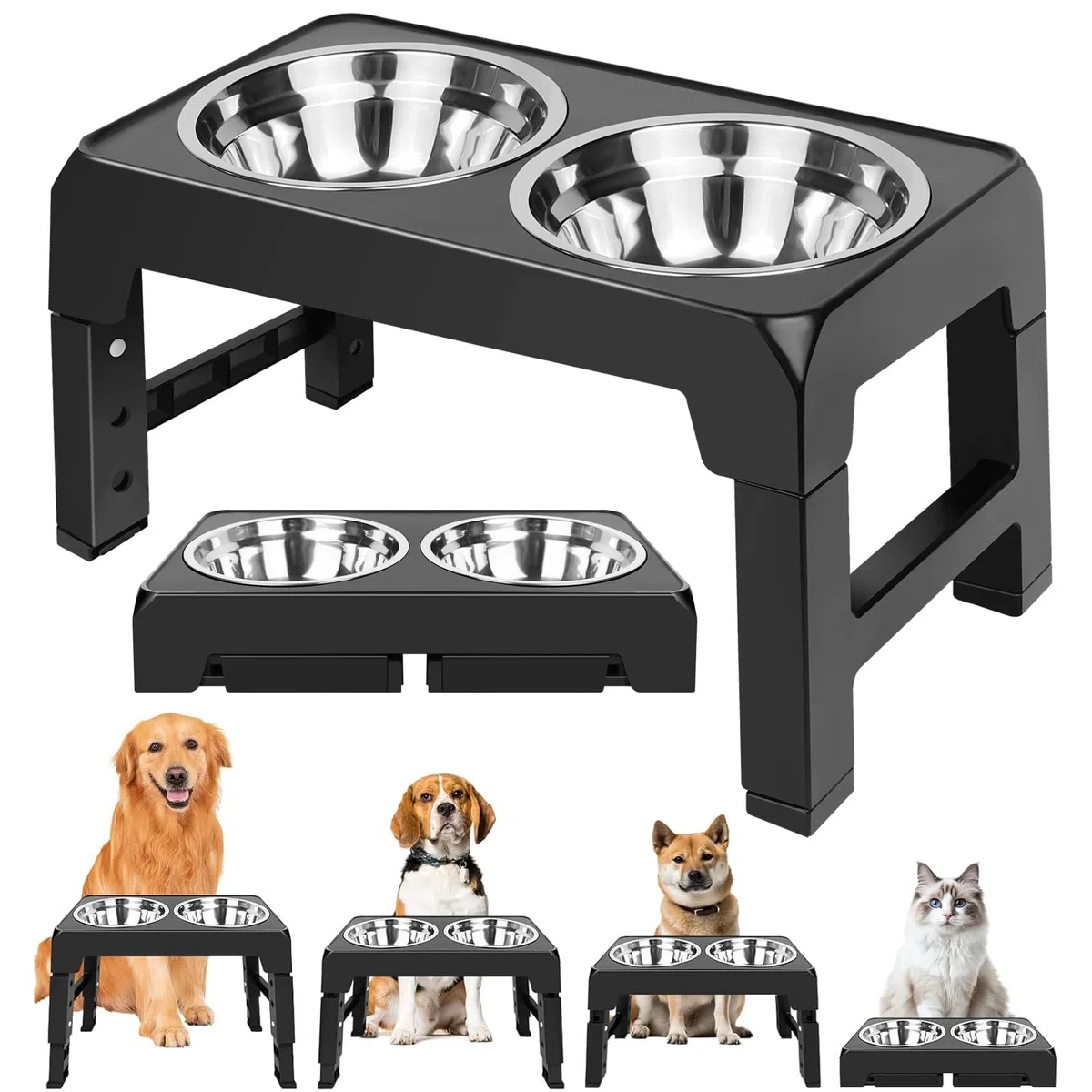 Cuencos elevados para perros medianos y grandes, soporte ajustable en altura de 8/22/26/30 cm, con 2 cuencos de acero inoxidable de 1200 ml, comederos elevados, comedero