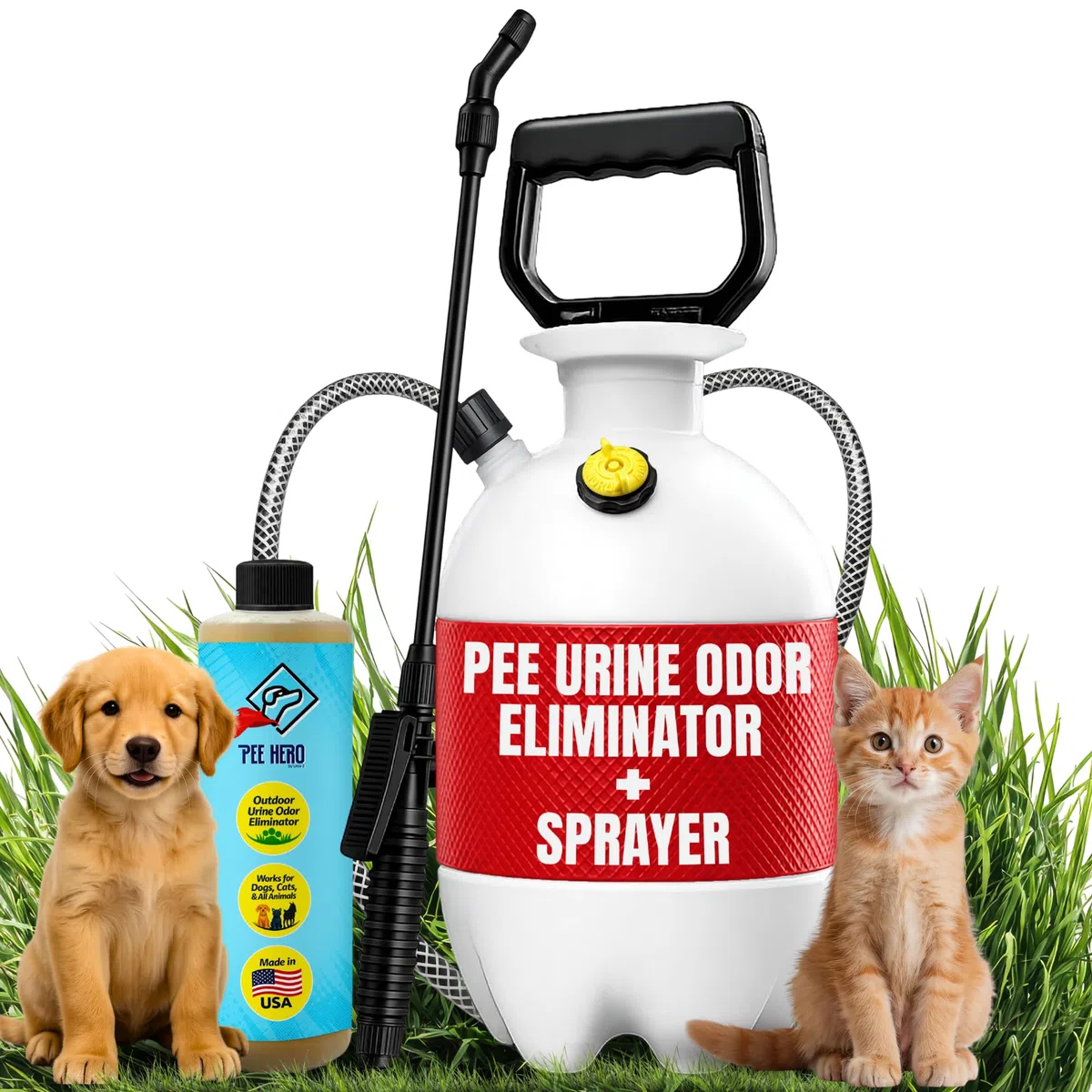 Pee Hero - Concentrado eliminador de olores de orina de mascotas, pulverizador de 1 galón y concentrado de 16 onzas (hace una solución de 2 galones) | Desodorante de patio para orina de perro y caca |