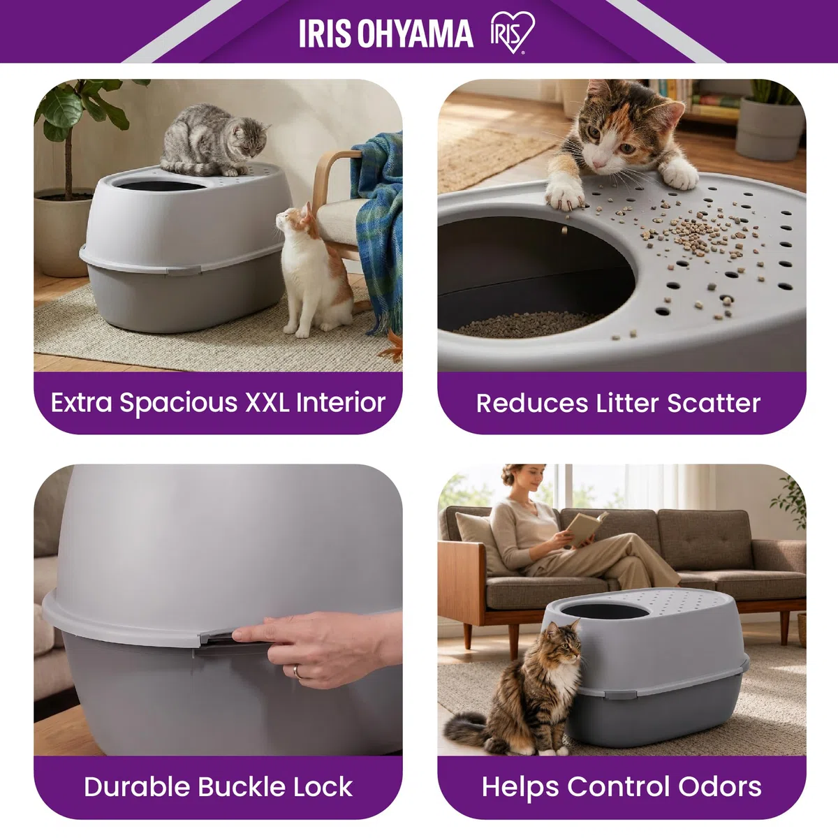 Iris Ohyama, Arenero XL para Gato, Bandeja de Arena XXL para Gato, Gris, Caja de Arena, Apertura Superior, Fácil de Limpiar, para Gato Adulto Grande, Dos Gatos, Maine Coon, sin BPA - Punt-XL