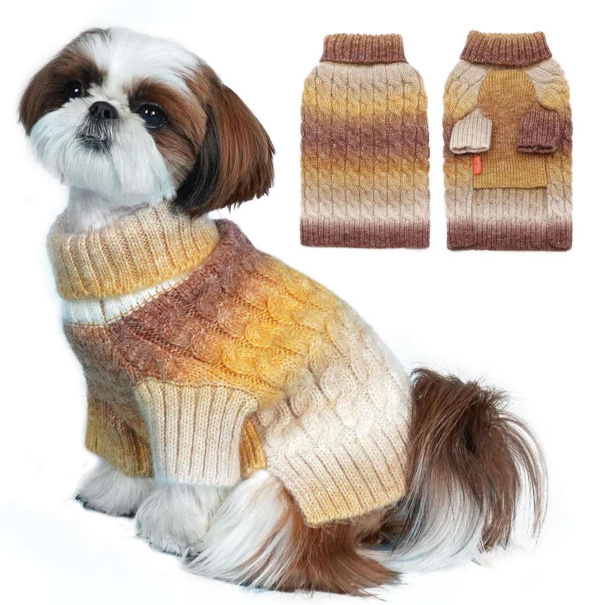KYEESE Suéter grueso para perro, de punto trenzado, suéter para cachorros de color degradado, suéter para perros pequeños, mullido y cálido con mangas, marrón, XS