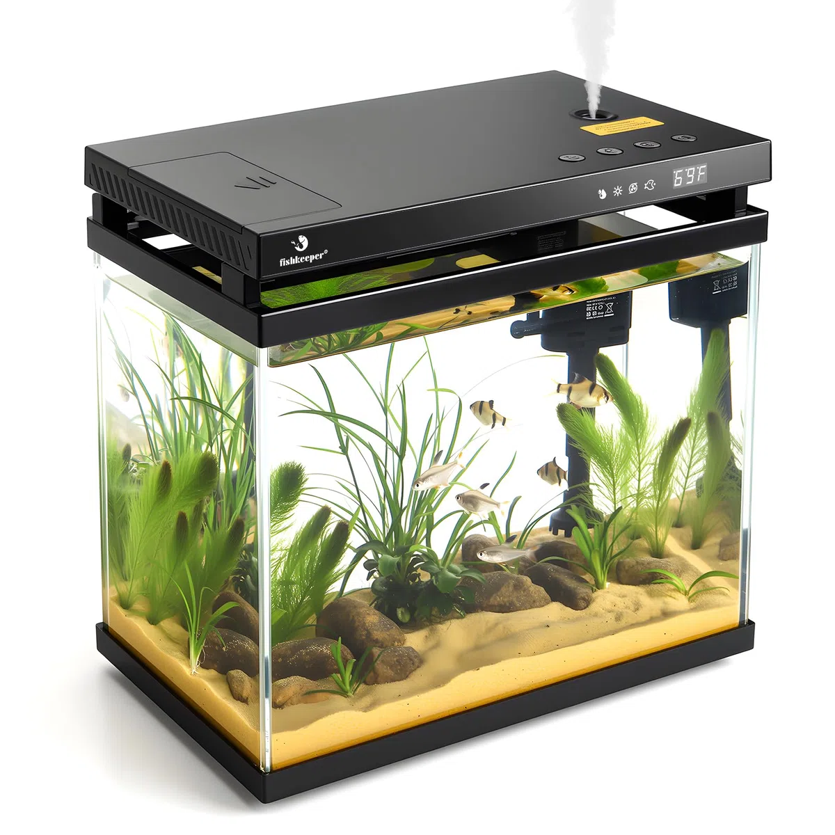 fishkeeper Acuario inteligente de 2.3 G, kit de pecera de vidrio HD con alimentador automático, bomba de filtro silencioso autolimpiable, aromaterapia, visualización de temperatura y luces RGB de 7