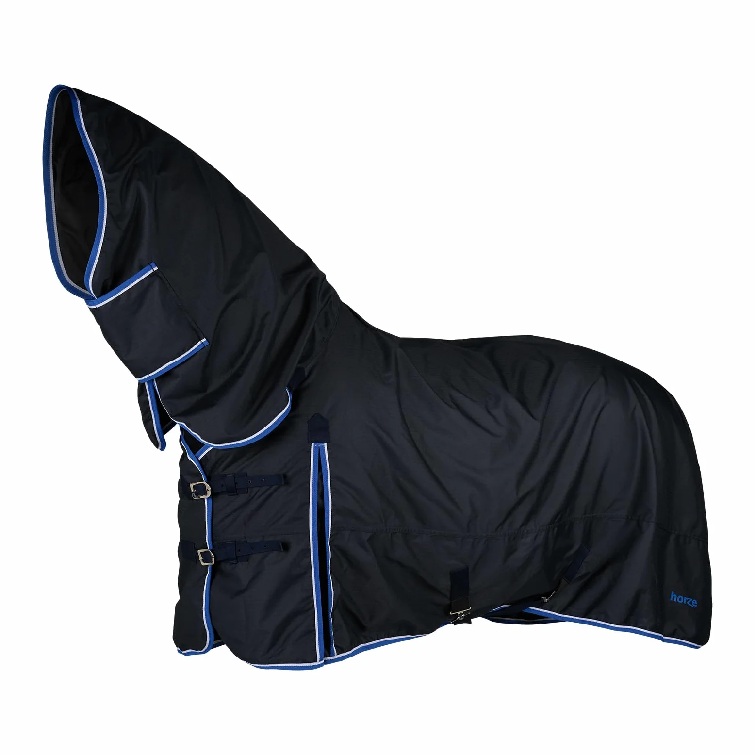 HORZE Glasgow - Manta de caballo de invierno de peso medio impermeable con cubierta para el cuello (relleno de 150 g), color azul oscuro, 75 pulgadas