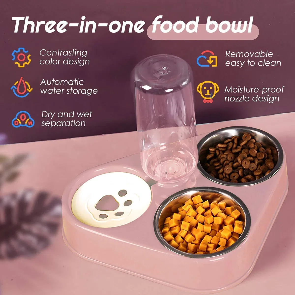 Comedero for Gatos de Acero Inoxidable 3 en 1, Doble, con depósito automático Agua for Perros y(Pink)
