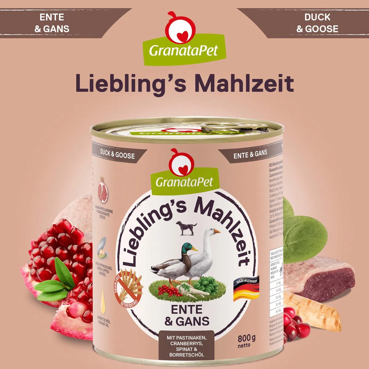 GranataPet Liebling's Mahlzeit Pato & Gans, Comida húmeda para Perros, Comida para Perros sin Cereales y sin azúcares, pienso Completo, 12 x 800 g