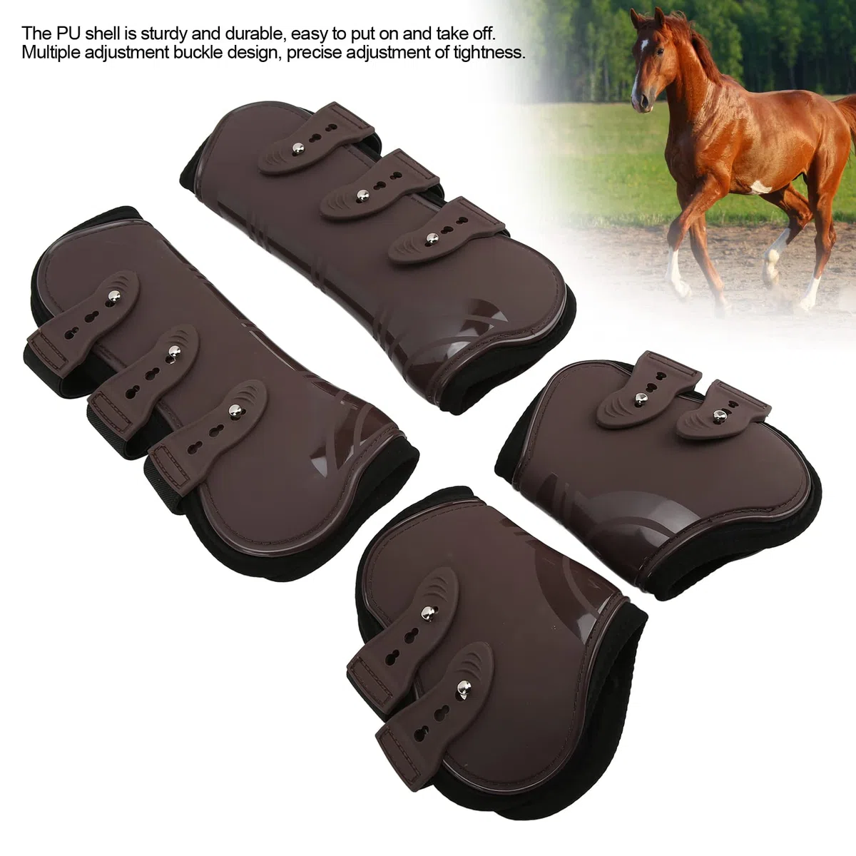 Botas de Caballo para Patas Delanteras Y Traseras, 4 Piezas PU Caballos Tendon Fetlock Brace Guard Boots, Envolturas Protectoras para Patas de Caballo para Montar, Absorción de Impactos, Saltos(M)